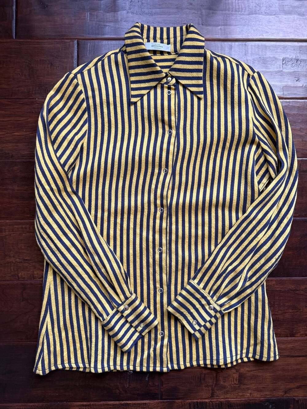 Roseanna Paris Wool Silk Blend Yellow and Navy Striped Snap Front Blouse